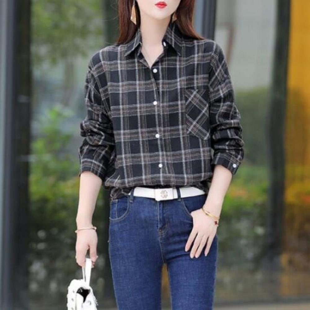 Navava Women Casual Loose Fit Check Long Sleeve Shirt Nb3002