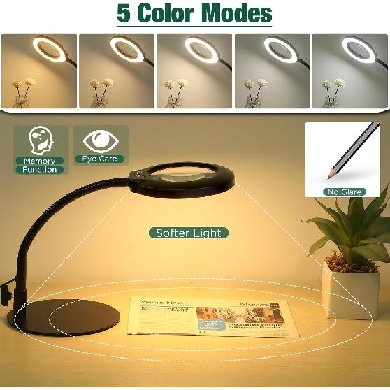 Drdefi 10X Magnifying Glass with Light and Stand, 5 Color Modes Stepless Dimmable Flexible Gooseneck Magnifying Desk Lamp, LED Lighted Magnifier