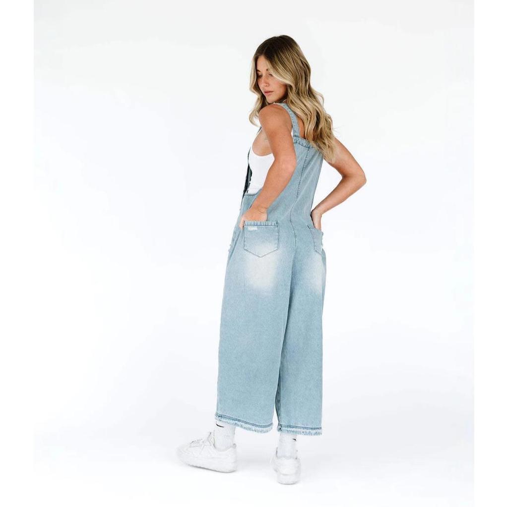 Retro-Latzhose aus Denim für Damen, Frühling/Sommer, zerrissen, Baggy-Jeans-Jumpsuit mit Taschen – Streetwear-Style
