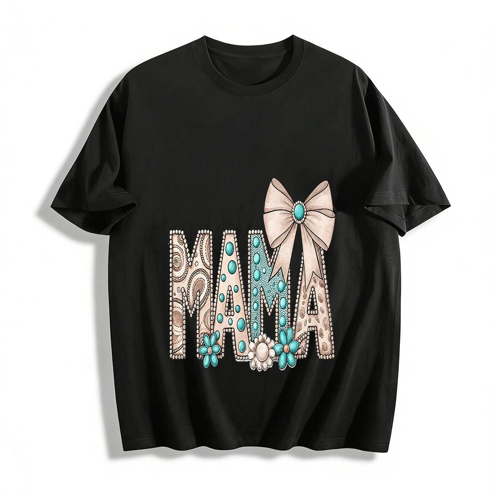 Western Turquoise Embellished MAMA Graphic Casual Top Pure cotton T-shirt XXS