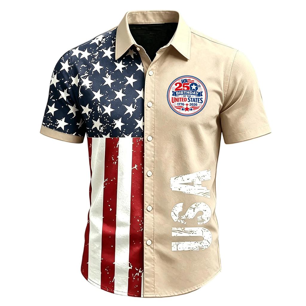 Men Short Sleeve Button Down Casual Collared Shirt with United States Letter Print and Flag Pattern for Spring Summer Wear