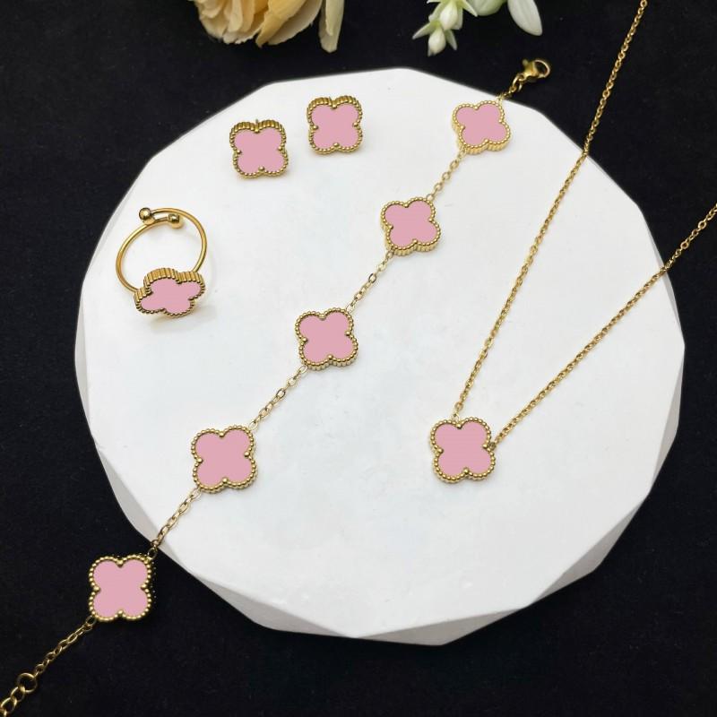 4 Piece Lucky Clover Jewelry Set Women Necklace Bracelet Earrings Ring In Titanium Steel With Electroplating