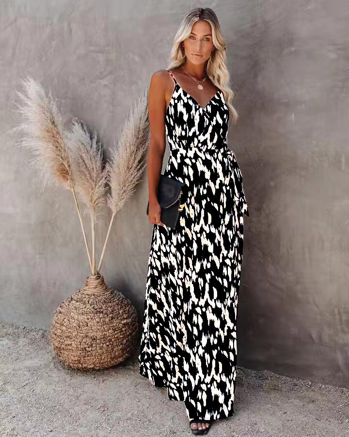 New European and American Women's Clothing Independent Station Dress with Split Suspenders and Sexy Printed Long Dress