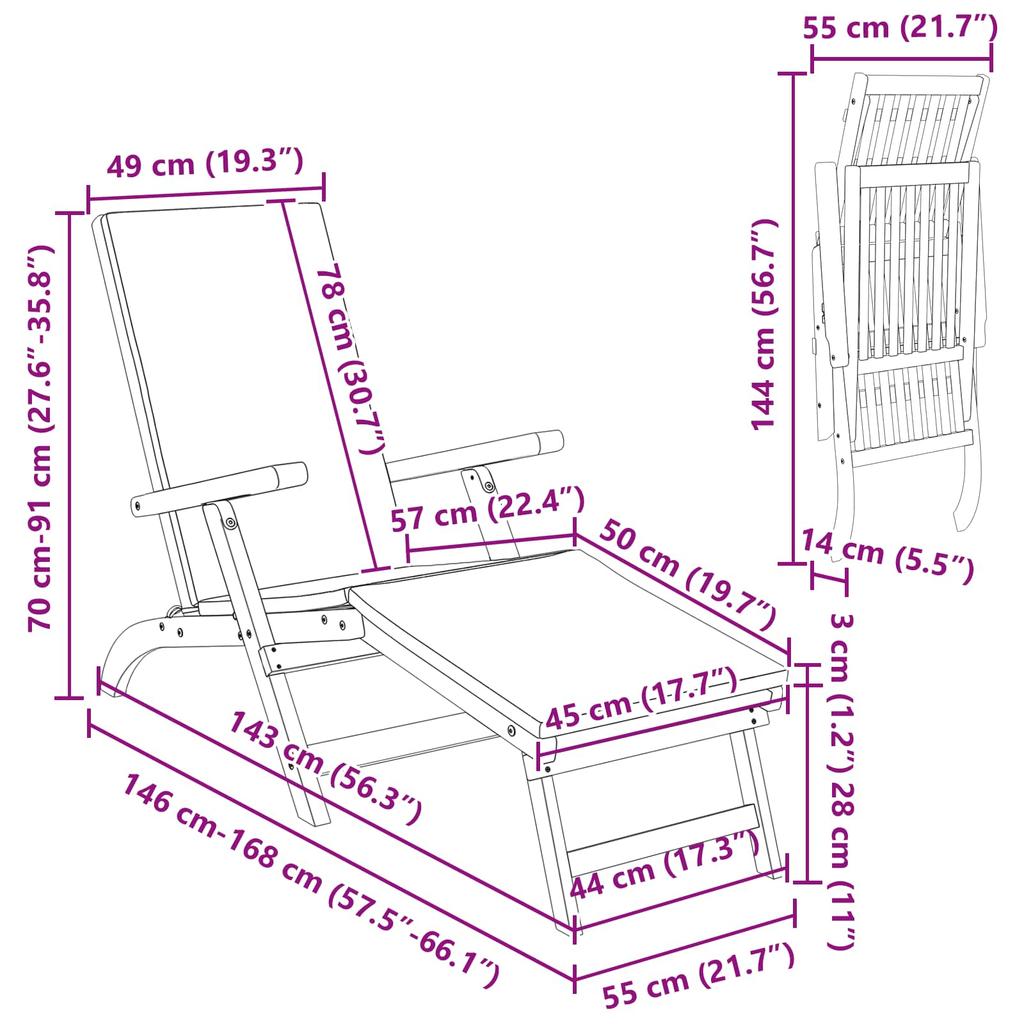Adjustable and Foldable Sun Lounger Set 2 Pcs 55 X 146 X 91 Cm