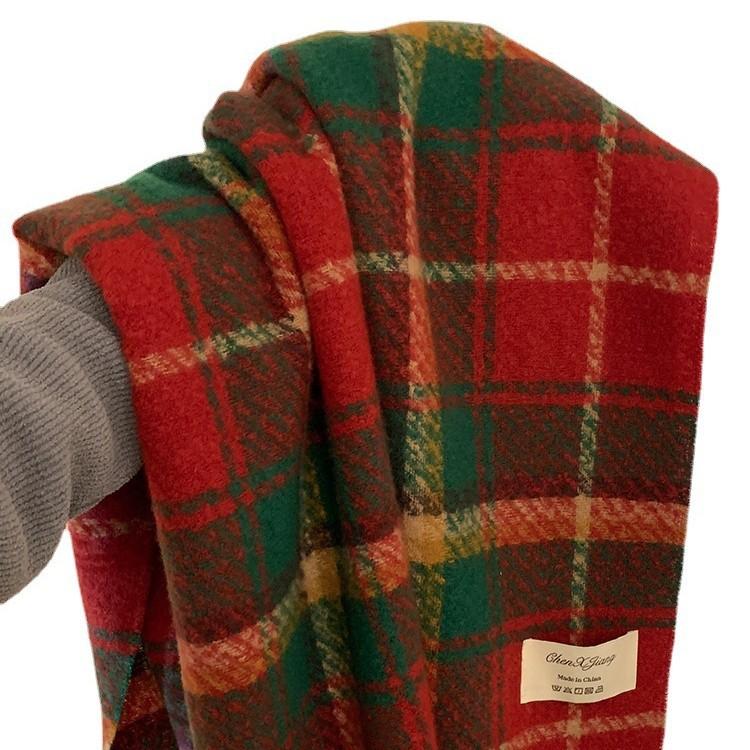 New Year Red Plaid Scarf for Women Winter High End Cashmere Christmas Warm Retro Shawl Scarf for Students