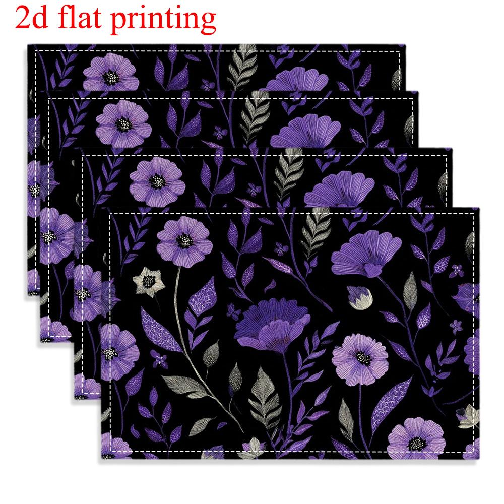 4pcs 2D FLAT Digital Print Placemats, Purple Floral Branch and Leaf Pattern, Enhance the Beauty of Your Dining Area, Perfect for Coffee Tables, Dining