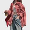 Cămașă de damă retro roșie cu carouri, cu mâneci lungi și guler polo - Design de nișă pentru începutul primăverii, cardigan larg și slim