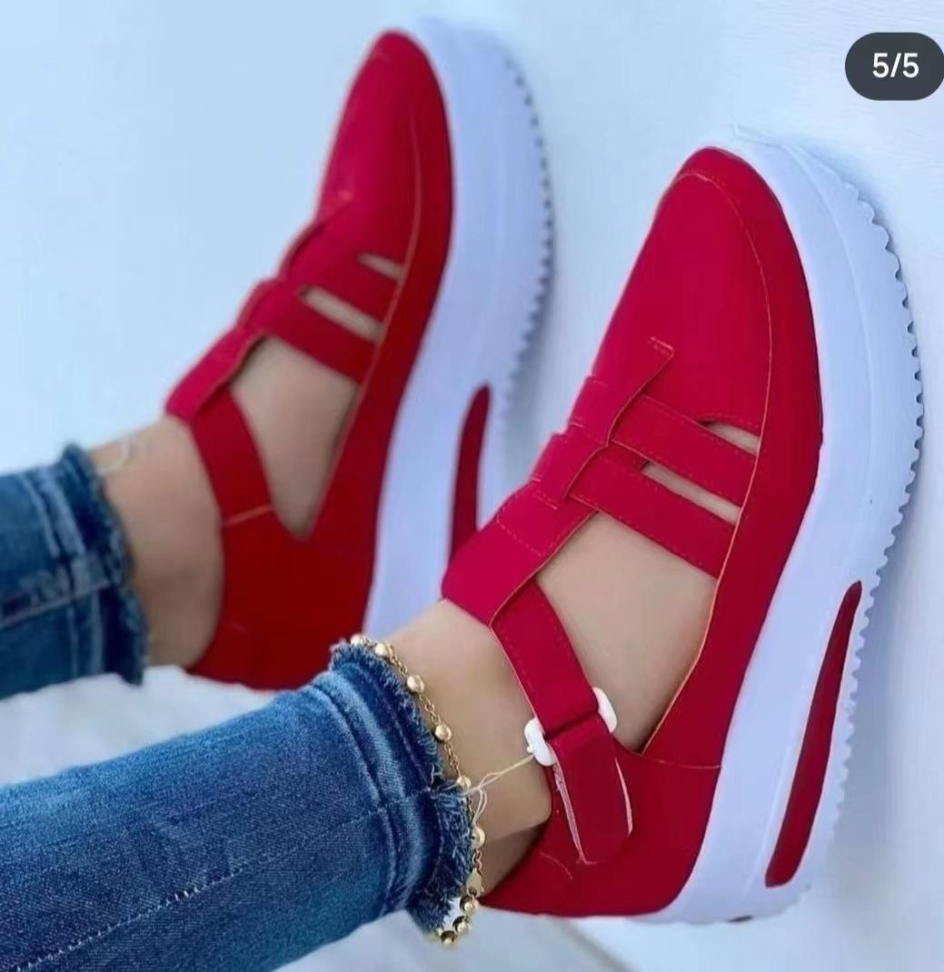 

Fashion 2025 Summer New Large Thick Bottom Hollow Leisure Thick Bottom Sandals Round Head Solid Color Thick Bottom Women s Single Shoes 35 красный