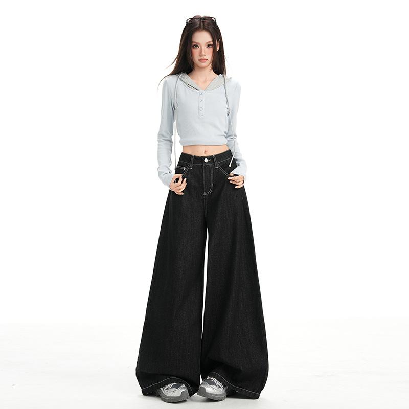 Women's High Waist Wide Leg Jeans American Vintage Non Stretch Black Denim Trousers Floor Length Casual Pants