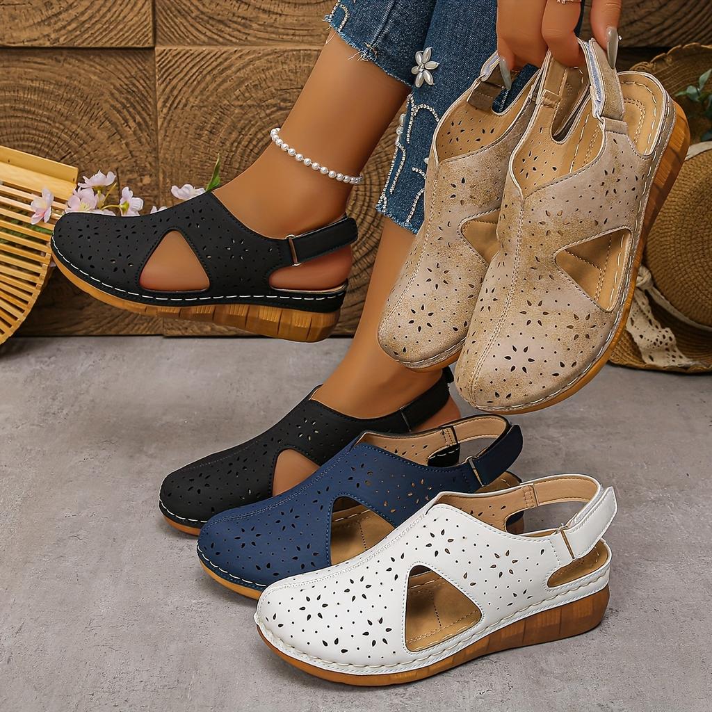 Sommer Damen Perforierte Keilsandalen mit Verstellbaren Knöchelriemen - Neue Einfarbige Bequeme, Leichte, Atmungsaktive Sandalen mit Dickem Absatz