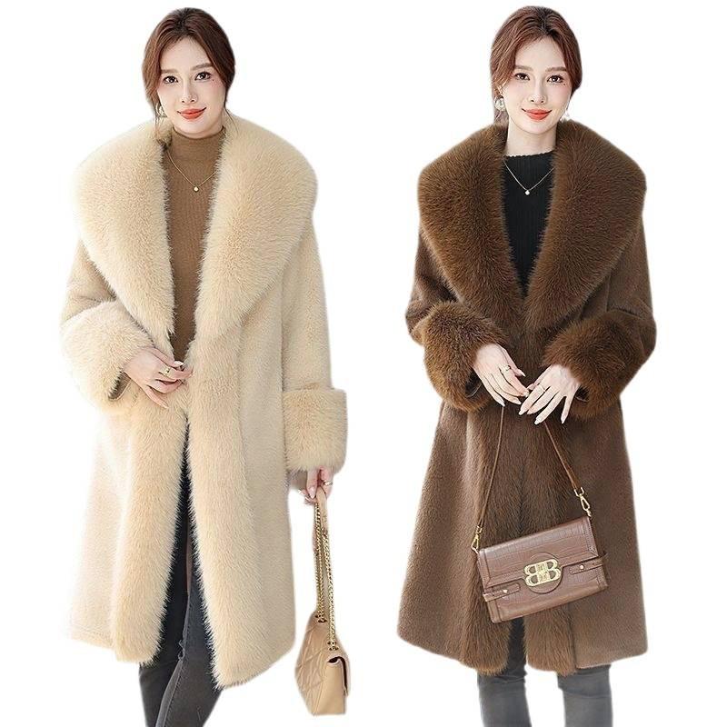 Autumn and winter new padded imitation leather long coat imitation mink fur coat big fur collar woman