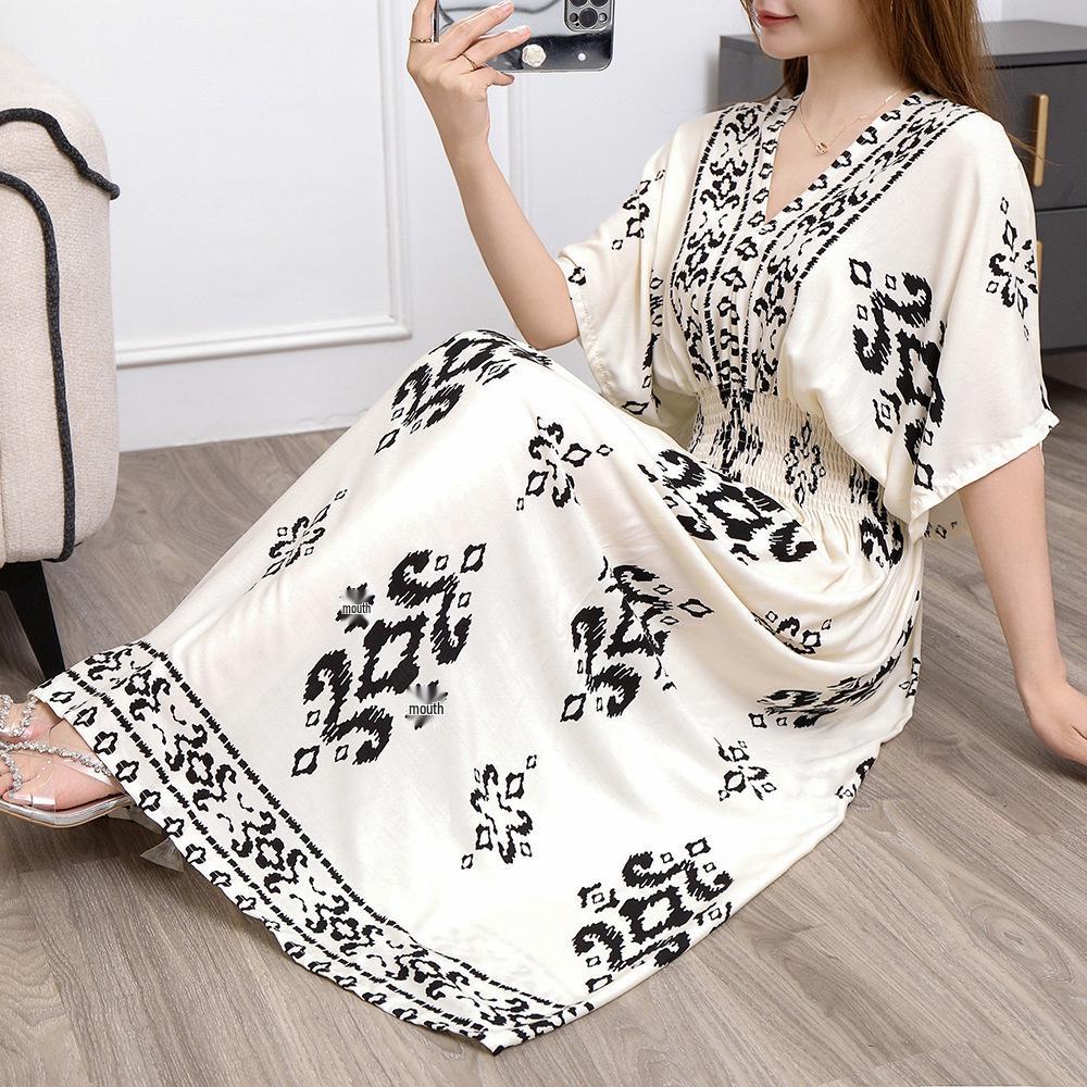 25. Jubiläum Ethnisches V-Ausschnitt Viskose Kurzarm Französisch-Thai Druck Urlaubs Kleid für Damen