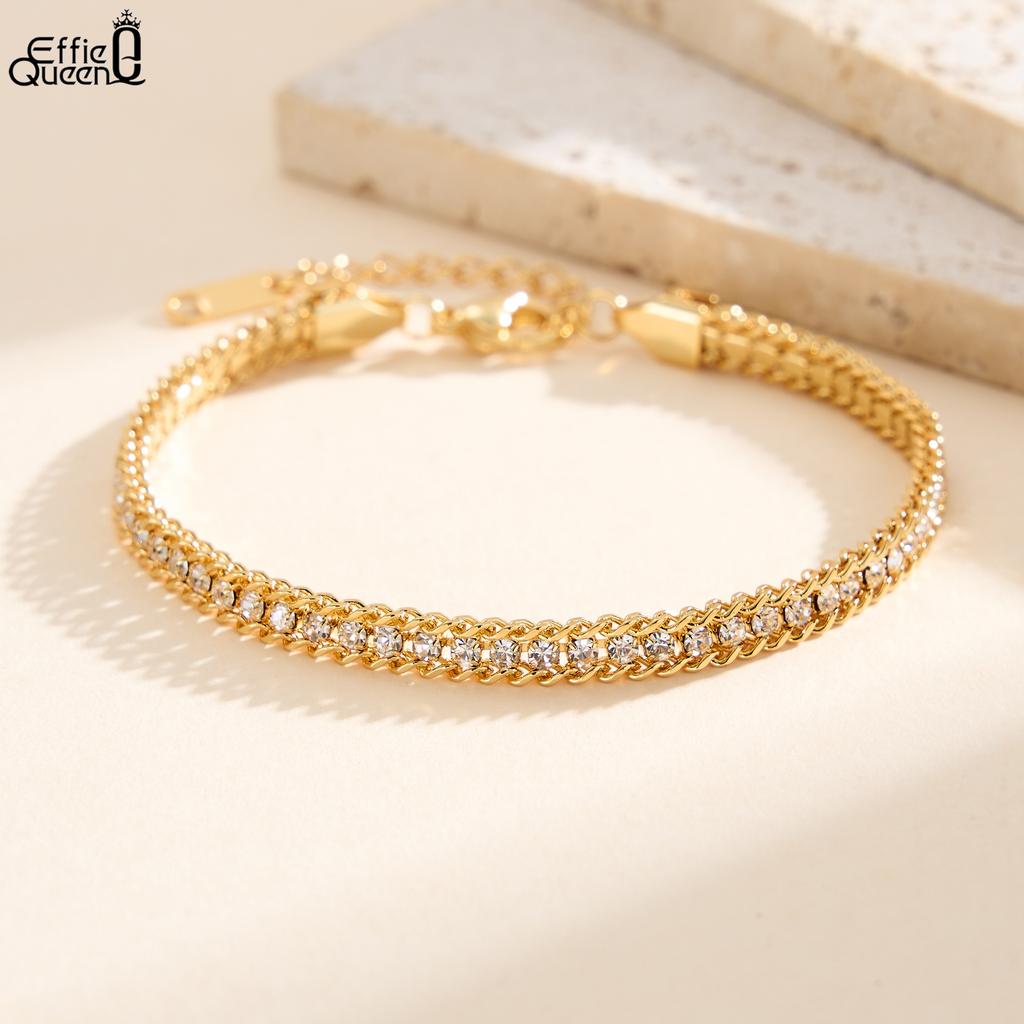 EFFIE QUEEN Stainless Steel 18k Gold Round Cut Zirconia Tennis Chain Bracelet Banquet Jewelry for Women, Men Party Gift STKB07