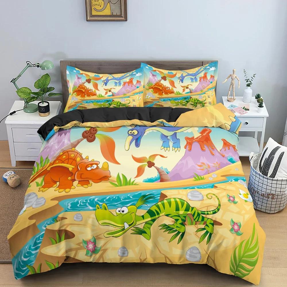 Cartoon Dinosaur Pattern Animal Comfortable Duvet Quilt Cover Pillowcase Bedding Set Children Bedroom Decoration Home Textile