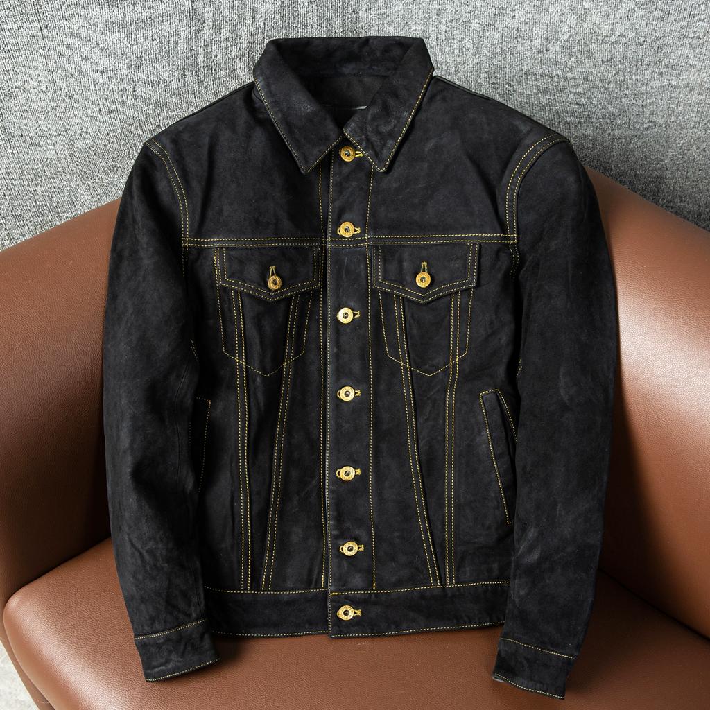 Genuine Sheepskin Leather Jacket Men Faux Suede Cowboy Coat Slim Fit Short Autumn Winter Fashion