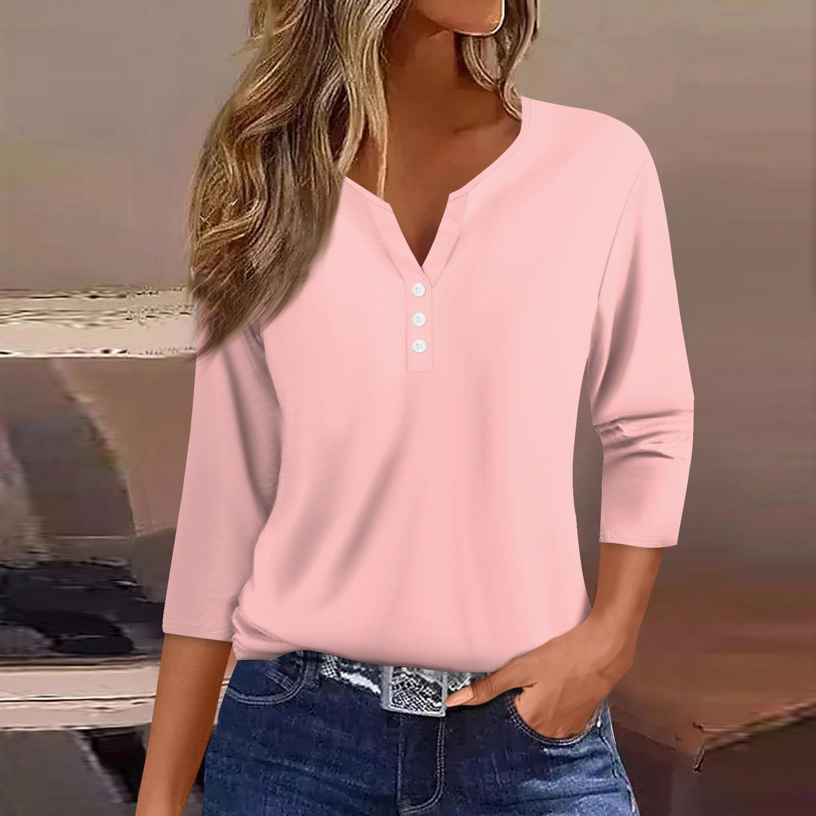 

Жен. Футболка Футболка С принтом Пуговицы Рукав 3/4 Повседневные Выходные Мода Классический Классический V-образный вырез Обычный Верх XXL розовый