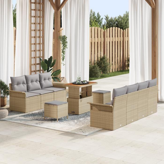Canapé de jardin 10 pièces avec coussins beige Poly Rotin Acacia, Canapé de jardin 2 places avec rangement et coussins beige 3364052