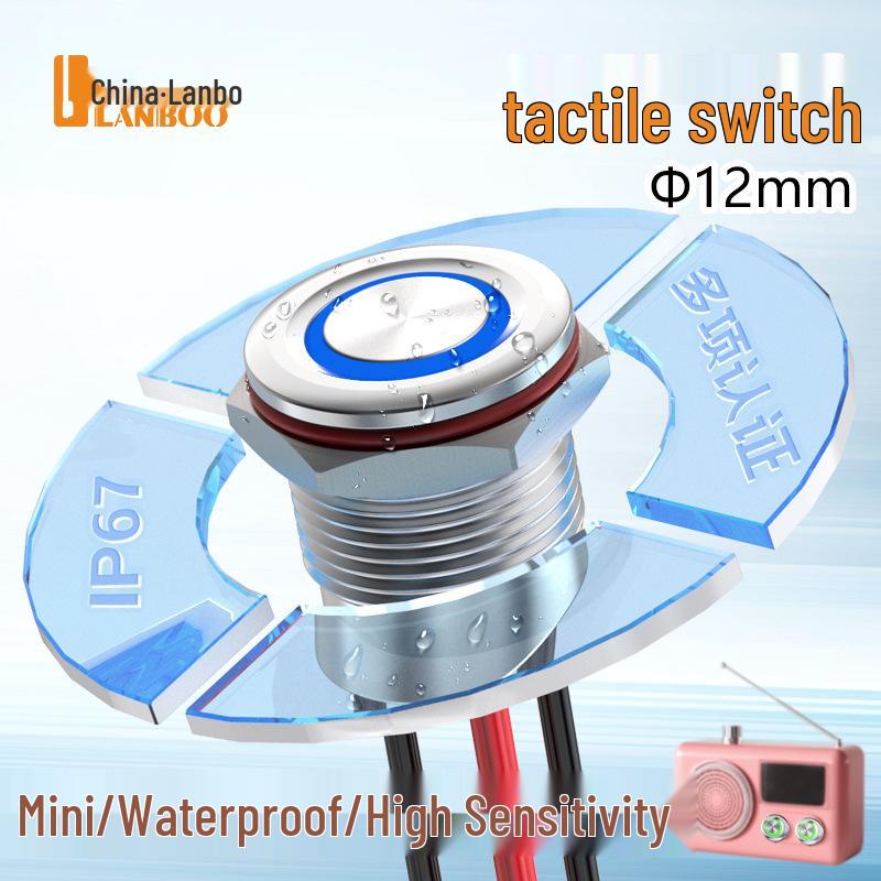 Lanbo 12QC High-Current Waterproof Metal Tactile Switch with LED, IP67 Stainless Steel.