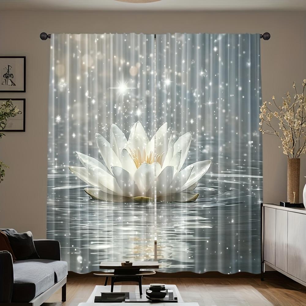 2 Pcs Elegant White Lotus Curtains – Floral Pattern Rod Pocket Design for Living Room Bedroom Bathroom Kitchen