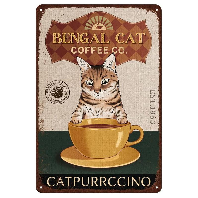 Hisun Tin Sign Vintage Funny Cat Coffee Themed Metal Tin Sign Retro Cute Kitten Wall Art Decor for Home Kitchen Cafe Bar Rustic Iron Painting P