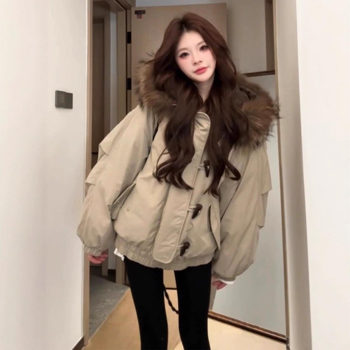 

Новая корейская версия хлопковой одежды с капюшоном и большим меховым воротником, застежка на роговые пуговицы, утолщенная теплая хлопковая подкладка XL хаки