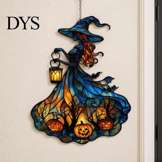 Whimsical Halloween Home Decorations Witch Acrylic Suncatcher, Stained Glass Effect Window Car Hanging Ornament, Gothic Scary Party Supplies for with