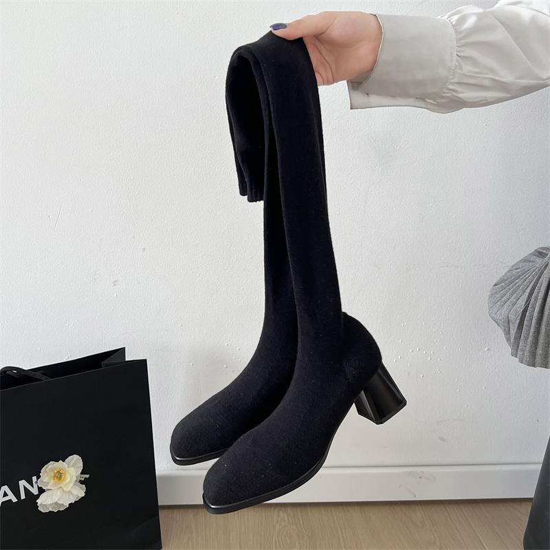 Fashion Versatile Square Toe High Heel Long Tube Boots for Women 2025 Autumn New Elegant Comfortable Casual Non Slip Socks Boots