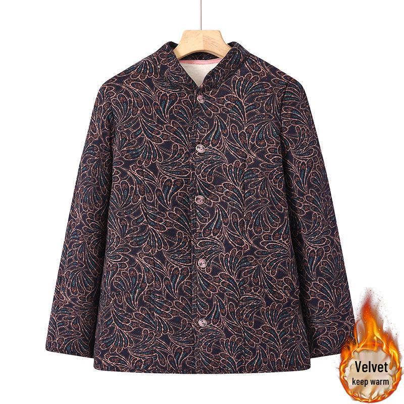 Floral Velvet-Lined Winter Cotton Jacket for Middle-Aged & Elderly