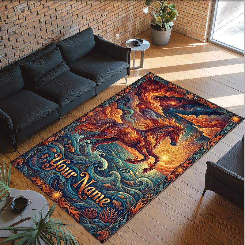 Horse Theme Crystal Velvet Floor Rug Personalized Custom Name Text Warm Carpet Home Decoration