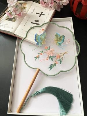 Chinese Traditional Art Embroidery Wooden Hand Fan, Classical, Ancient Dance Costume, Han Fu Cheongsam with Long Handle, Tasse