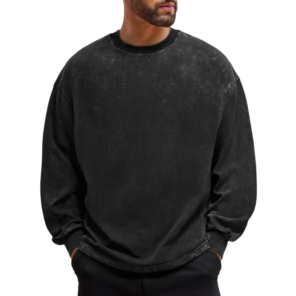 Men's And Women's Casual High-weight Washed Distressed Long-sleeved Men's Off-the-shoulder Retro Loose Round-neck All-cotton Top