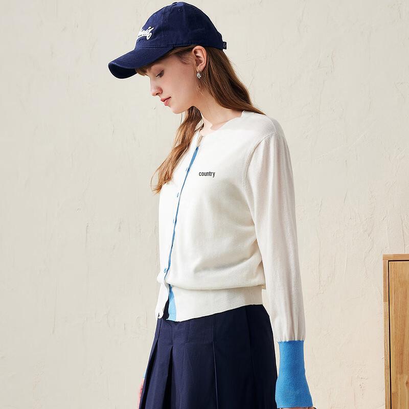 Women's Fine Wool Contrast Round Neck Cardigan