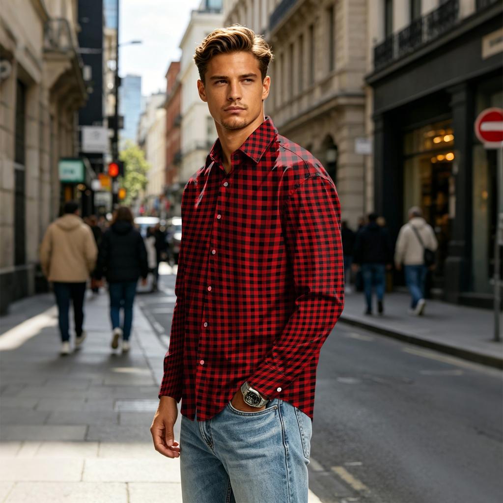 Men's Long Sleeve Plaid Shirt with Collar for Casual Daily Wear