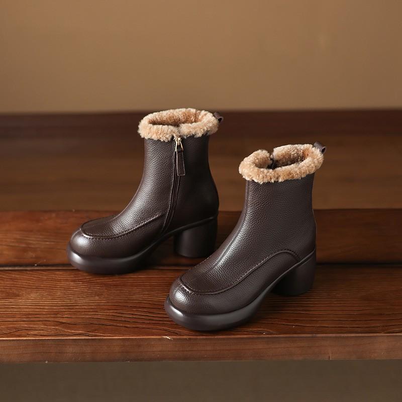 7cm British Style Leather Ankle Boots Warm Winter Fall Round Toe Chunky Heel Side Zip Booties