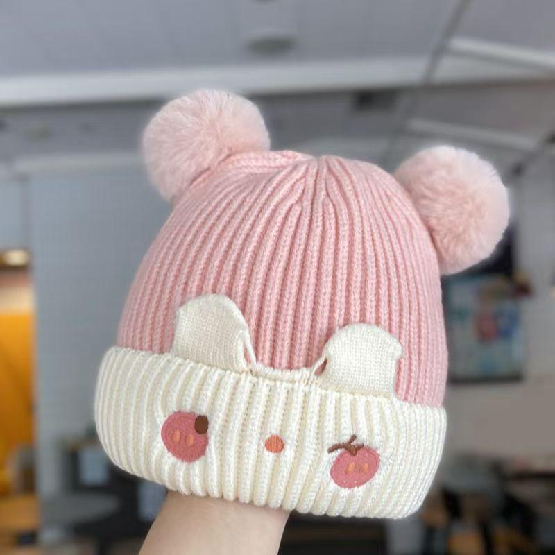 

Cute Baby Winter Warm Knitted Hat Double Pompom Baby Hat Ear Protection Cap Cold Proof Knitted Hat A5
