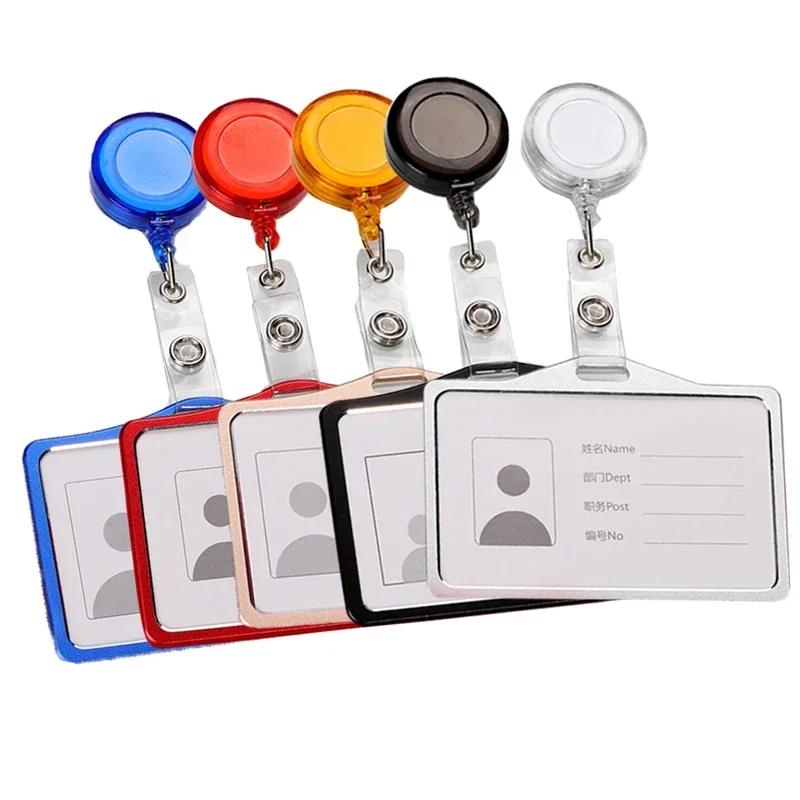 Fashion Metal Card Cover Case Bank Business Work Card Holder with ABS Retractable Badge Reel Lanyard Credit ID Card Badge Bag
