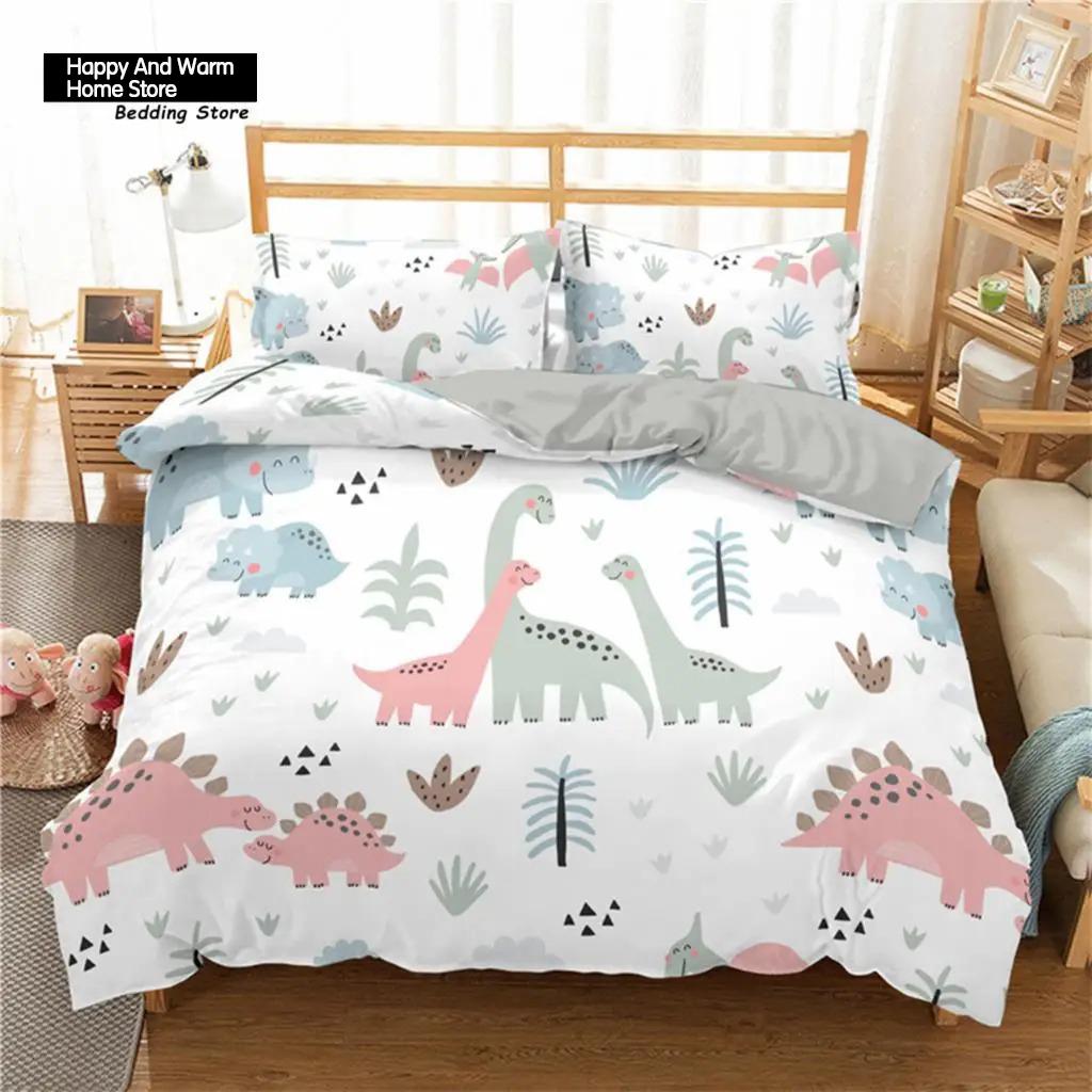 Cartoon Dinosaur Toddler Bedding Set Cartoon Animals Duvet Cover Microfiber Quilt Cover With Pillowcases For Boys Girl Teen