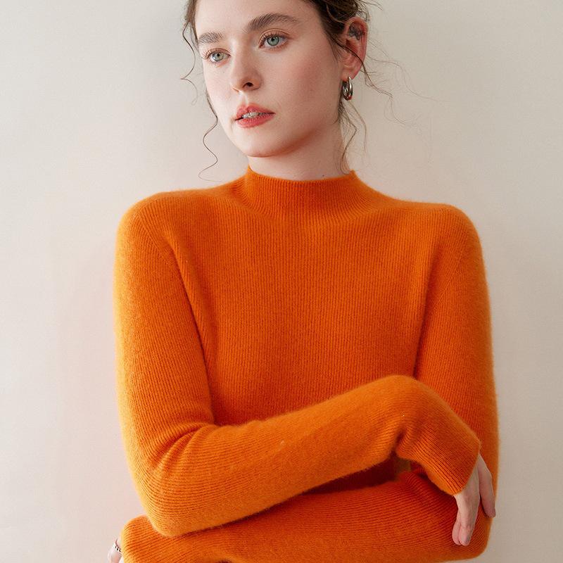 Women's Cashmere Striped Pullover - Slim-Fit Half-High Neck Knitwear for Autumn & Winter