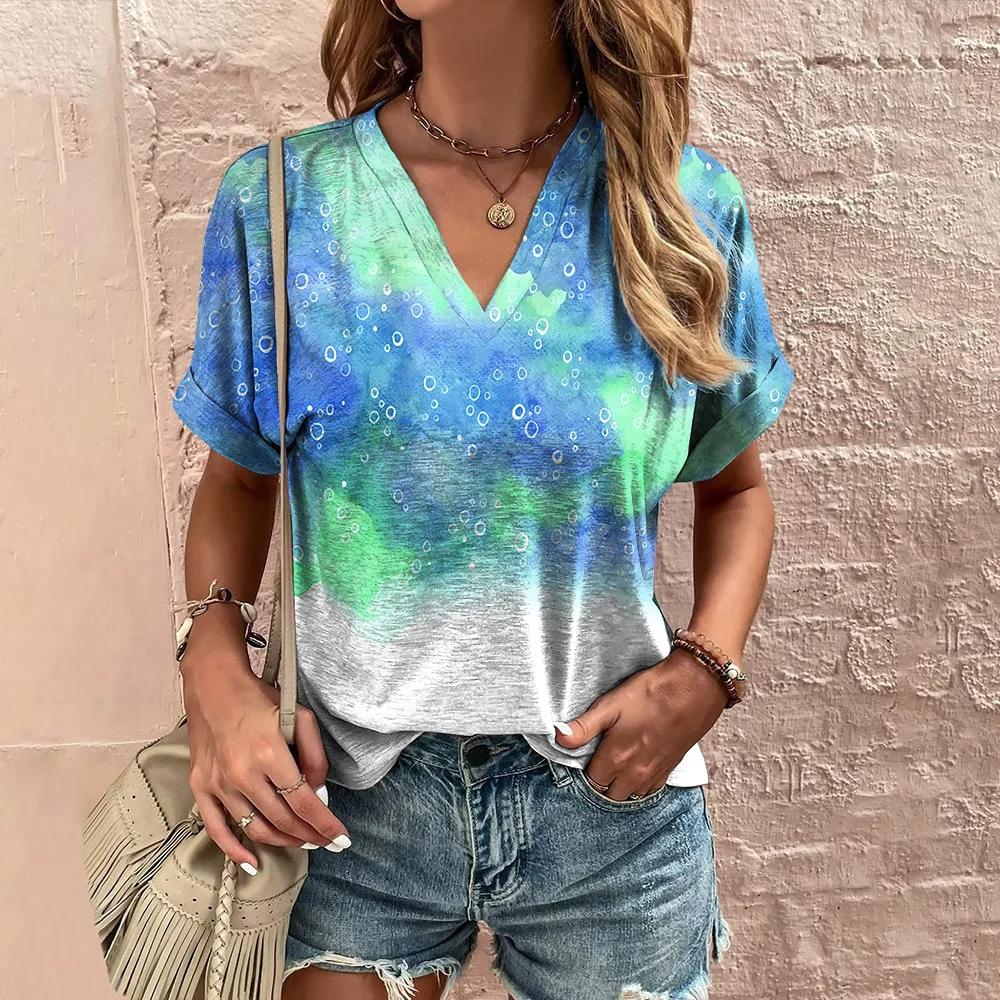 Summer Women Vintage T-shirt Fashion Graphic V-Neck Tops Tees Female Casual Short Sleeve Clothing Ladies Stylish Outfit