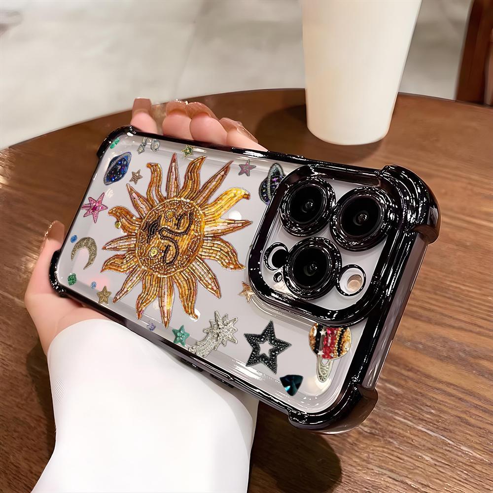 Retro Sun Star Pattern Electroplate AntiDrop Phone Case For iPhone 16 Pro Max 15 14 Plus 13 12 11 17 Air 16E Transparent Cover