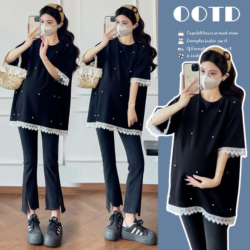 

New Summer Maternity Top: Beaded Lace Trim, Loose Fit, Plus Size, Short-Sleeved T-Shirt Medium чёрный