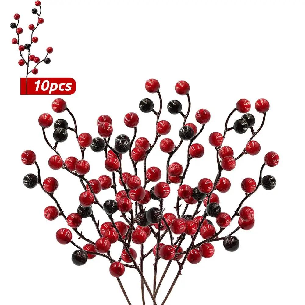 10pcs Simulated Berry Decoration Artificial Red Berry Stems For Christmas Tree Decor DIY Crafts Wreath Decor Berries Branch Q6O6