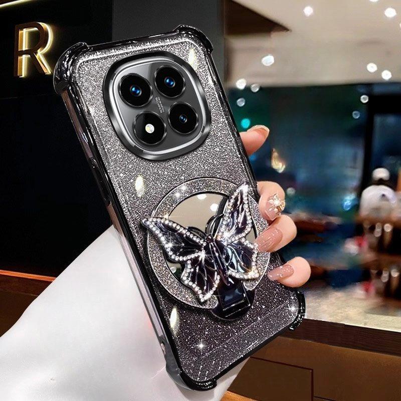Glitter Butterfly Mirror Bracket Case For Xiaomi Redmi 14C Note 14 15 Pro Plus 15 15C 14S 4G 5G Shockproof Soft Silicone Cover
