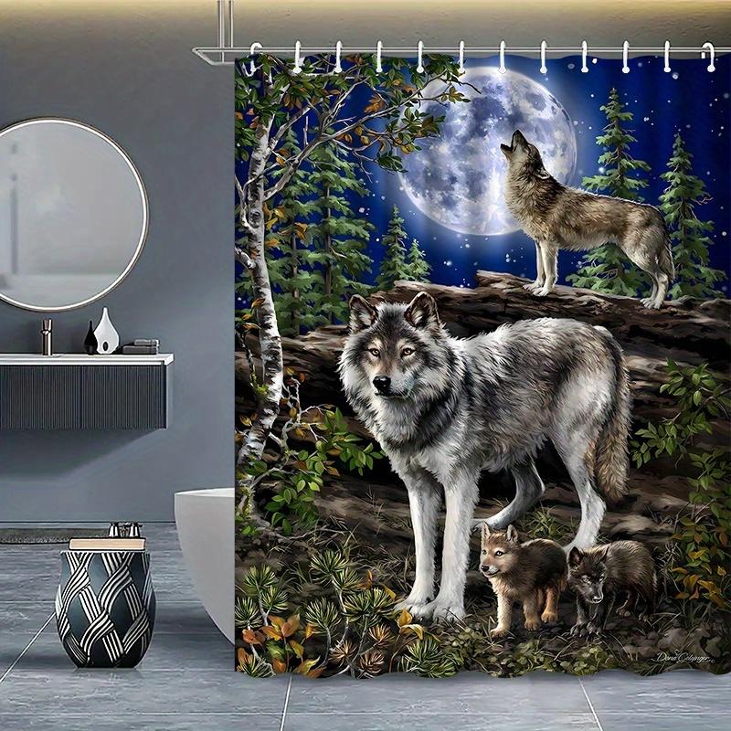 Wolf Family Shower Curtain Moonlight Forest Scene Wild Animal Art Nature Decor Waterproof Fabric Bath Curtain Set Home