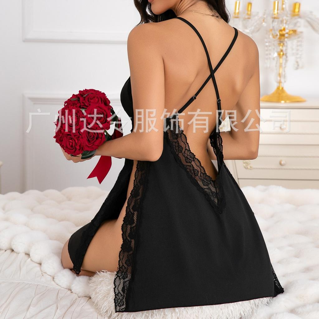 High-end quality European and American new lace suspender pure desire nightdress tempting backless side slit sexy suspender nightdress