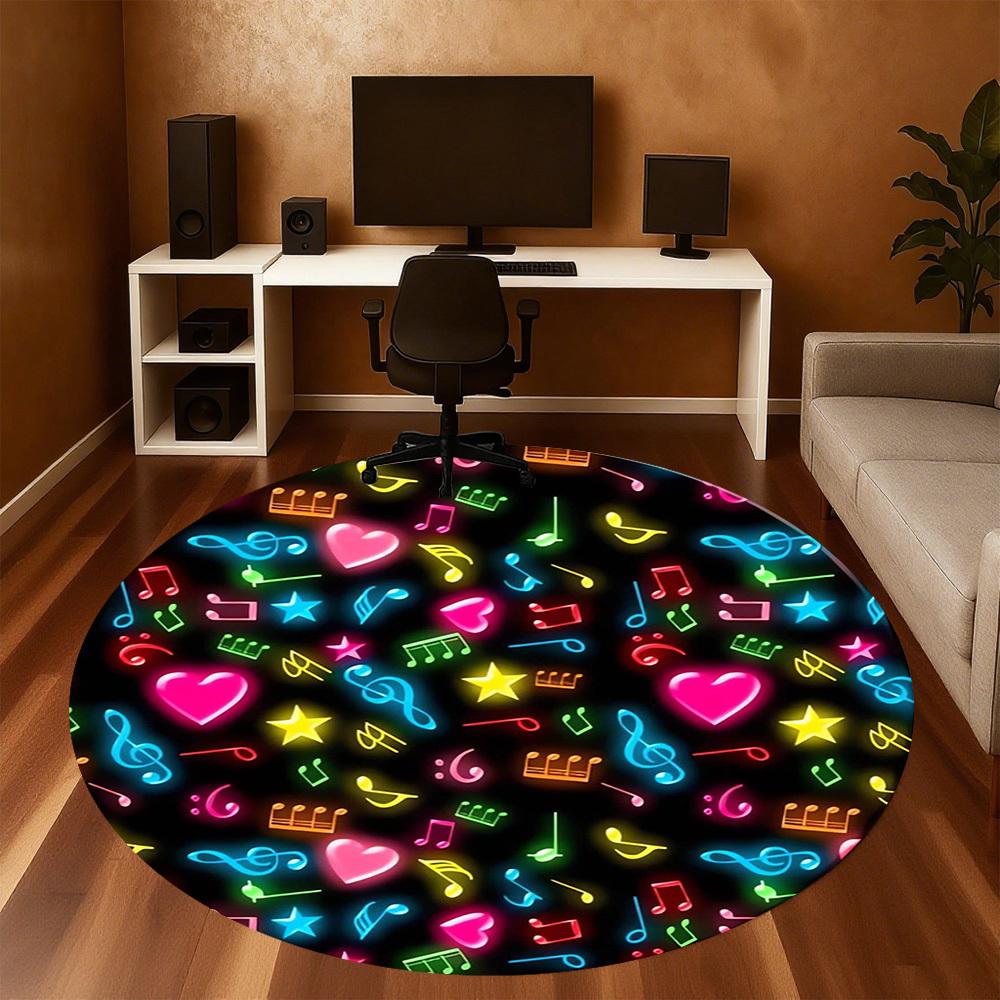 1pc Music Notes Heart Symbols Round Chair mat Area Rug - Non-Slip, Floor Mat for Office, Bedroom, home decor Christmas Gift p0811085