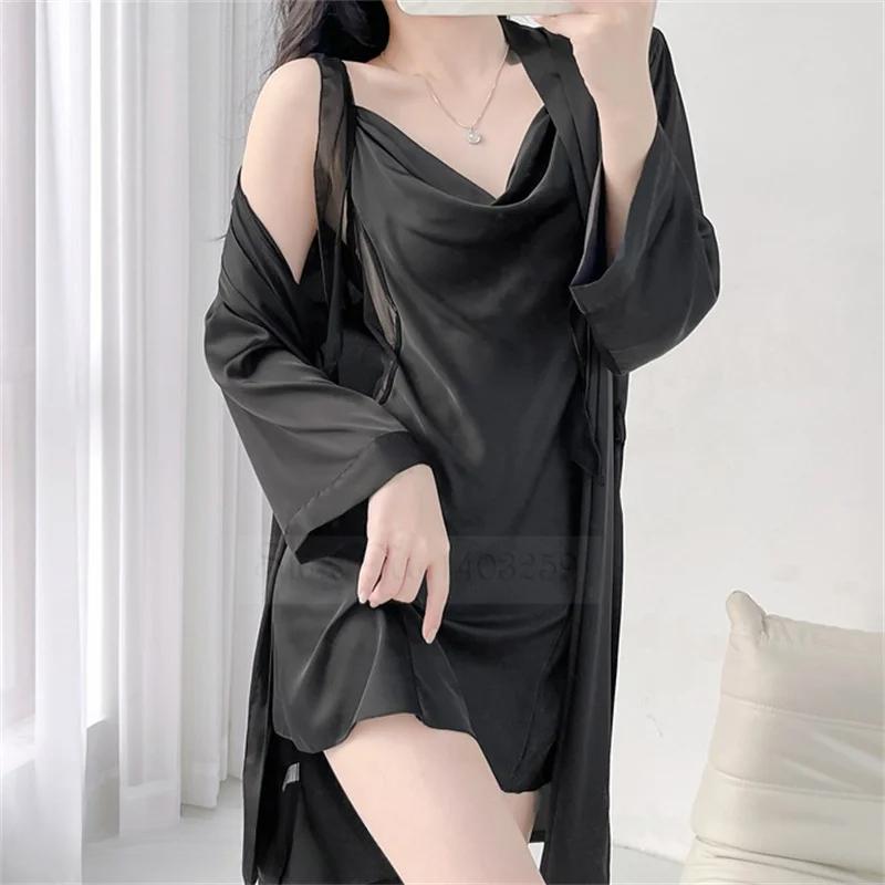 Dámská noční košile a župan Set Jaro Léto Nové Kimono Župan Noční košile Sexy Ledové Hedvábí Noční Prádlo Dvoudílný Set Volné Domácí Oblečení
