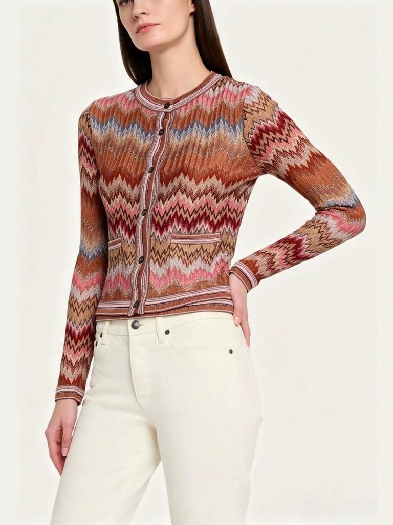 2026 Women's Retro Ethnic Wave Stripe Jacquard Cardigan Sweater
