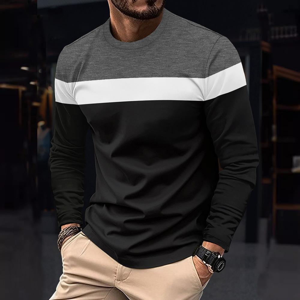 Men's Round Neck Long Sleeve Color-blocking Bottoming Shirt Pull-out Thin Long Sleeve T-shirt
