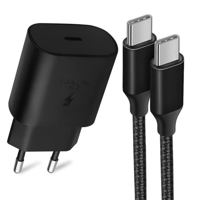 Chargeur secteur rapide - e.F.Connection - PD 25W - Câble USB-C 1M - Noir - Compatible Samsung Galaxy A52 A53 A54 A55 A56 A35
